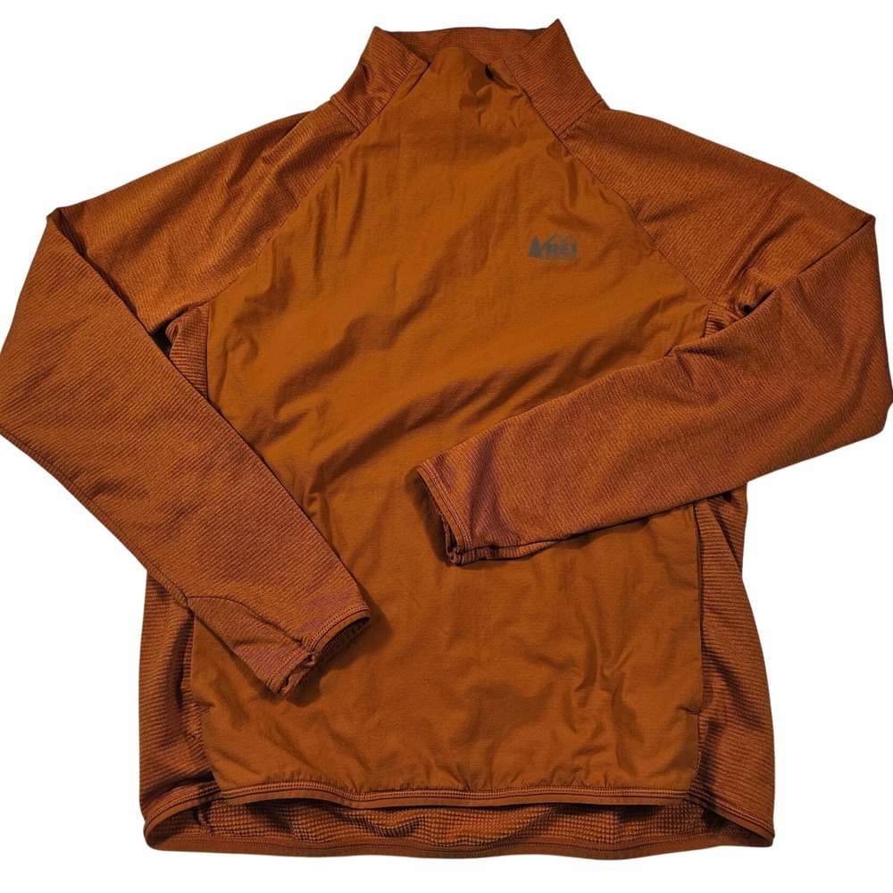 REI Co-op Mens Med Hybrid Grid Fleece Insulated Pullover Burnt Orange Mock Neck